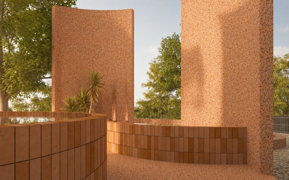 Hot tub and cold plunge courtyard, architect render